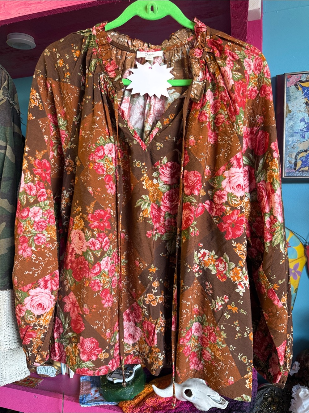 Women's Brown Floral Long-Sleeve Blouse with Tie Neck